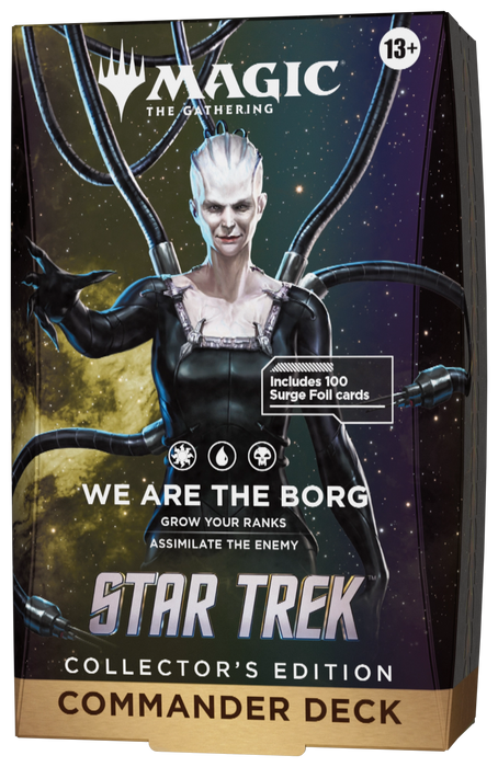 Wizards of the Coast presents the Magic: The Gathering – Star Trek Collector’s Edition Commander Decks, featuring a striking box design with the Borg Queen surrounded by cables and stars, emblazoned with “We Are The Borg.” Each deck contains 100 Surge Foil cards—ideal for both fans and collectors.