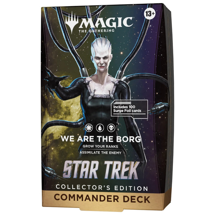 Wizards of the Coast presents the Magic: The Gathering – Star Trek Collector’s Edition Commander Decks, featuring a striking box design with the Borg Queen surrounded by cables and stars, emblazoned with “We Are The Borg.” Each deck contains 100 Surge Foil cards—ideal for both fans and collectors.