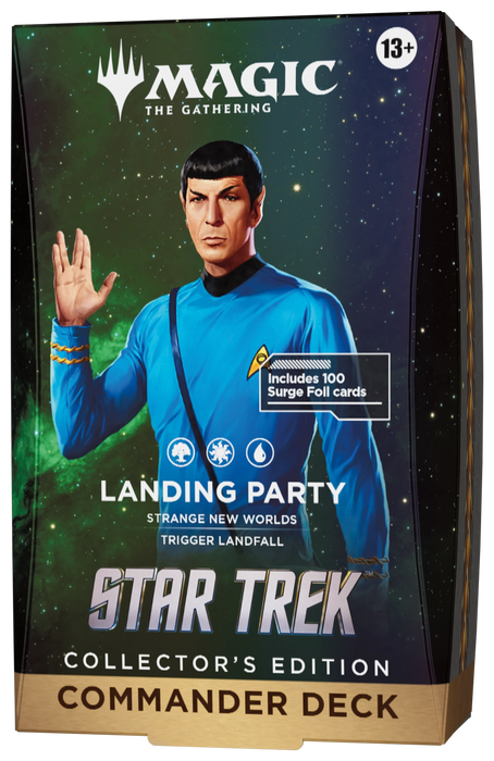 Introducing the Magic: The Gathering – Star Trek Collector’s Edition Commander Decks by Wizards of the Coast. This box features Spock in a blue uniform with space-themed graphics and is labeled “Landing Party.” The packaging includes “Collector’s Edition” text and is suitable for ages 13 and up.