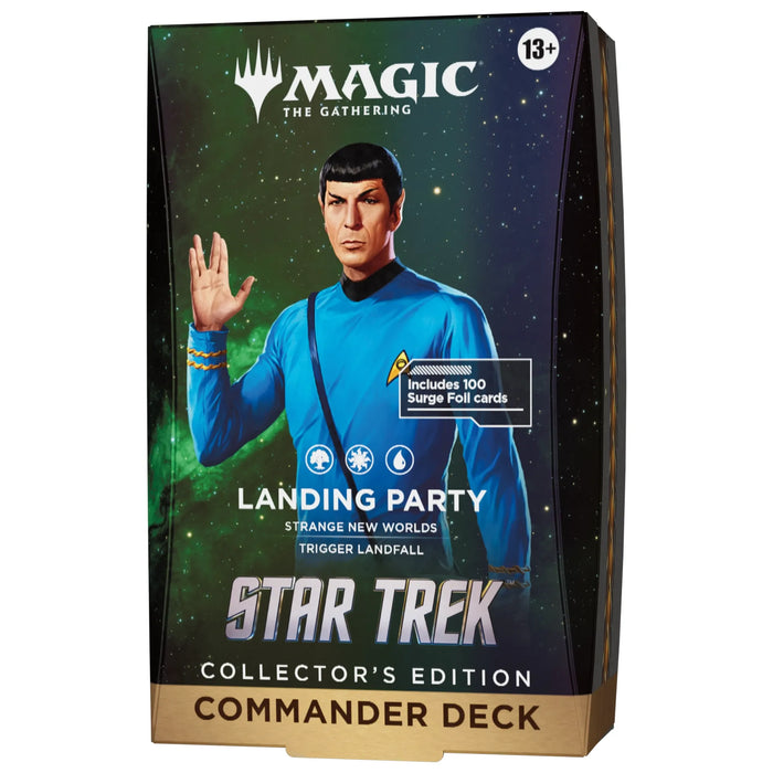 Introducing the Magic: The Gathering – Star Trek Collector’s Edition Commander Decks by Wizards of the Coast. This box features Spock in a blue uniform with space-themed graphics and is labeled “Landing Party.” The packaging includes “Collector’s Edition” text and is suitable for ages 13 and up.